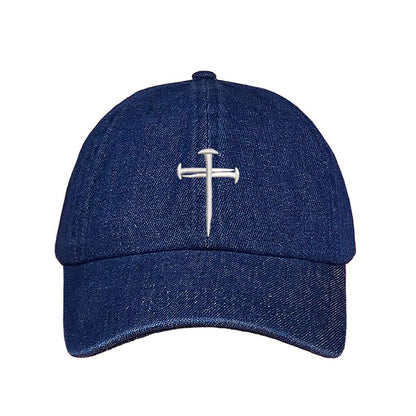 Dark Denim baseball hat embroidered with a cross of nails on it-DSY Lifestyle