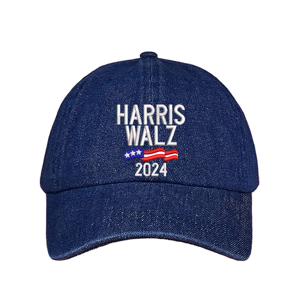 Dark Denim baseball hat embroidered with the phrase harris walz-DSY Lifestyle