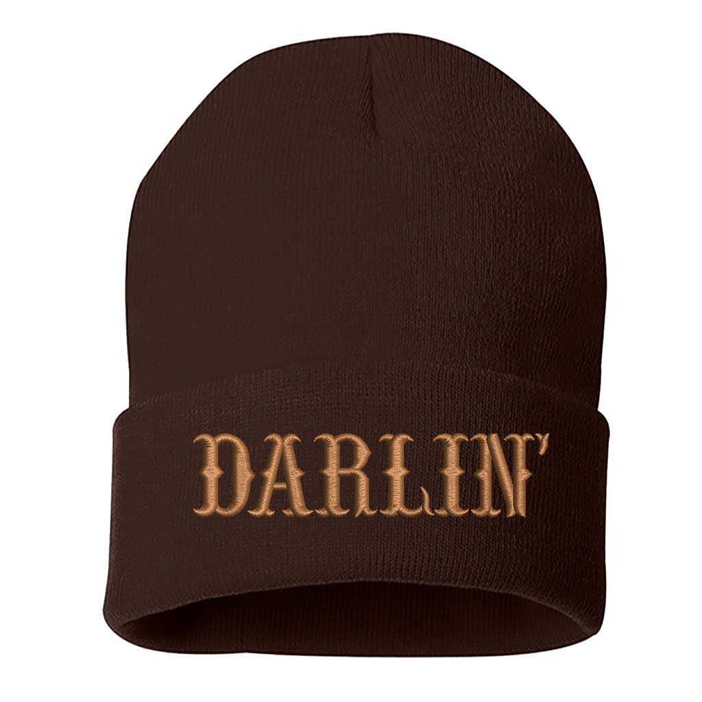 Brown/Brown thread Beanie embroidered with the phrase Darlin&