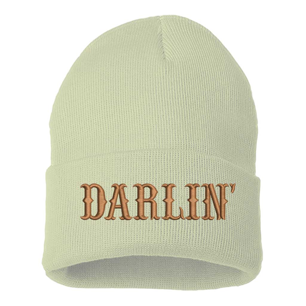 Cream/Brown thread Beanie embroidered with the phrase Darlin&