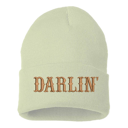 Cream/Brown thread Beanie embroidered with the phrase Darlin&