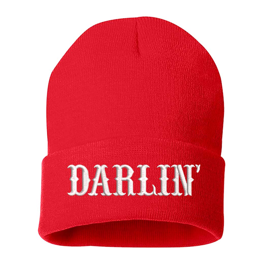 Red Beanie embroidered with the phrase Darlin&