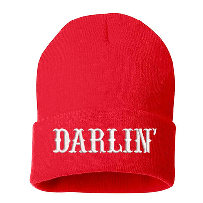 Red Beanie embroidered with the phrase Darlin&