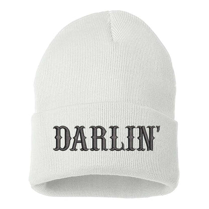 WHite/Black Thread Beanie embroidered with the phrase Darlin&