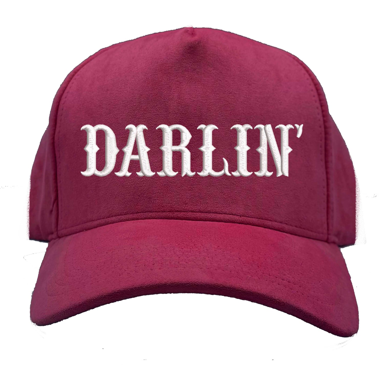 Burgundy suede 5 panel baseball hat embroidered with the phrase darlin-DSY Lifestyle