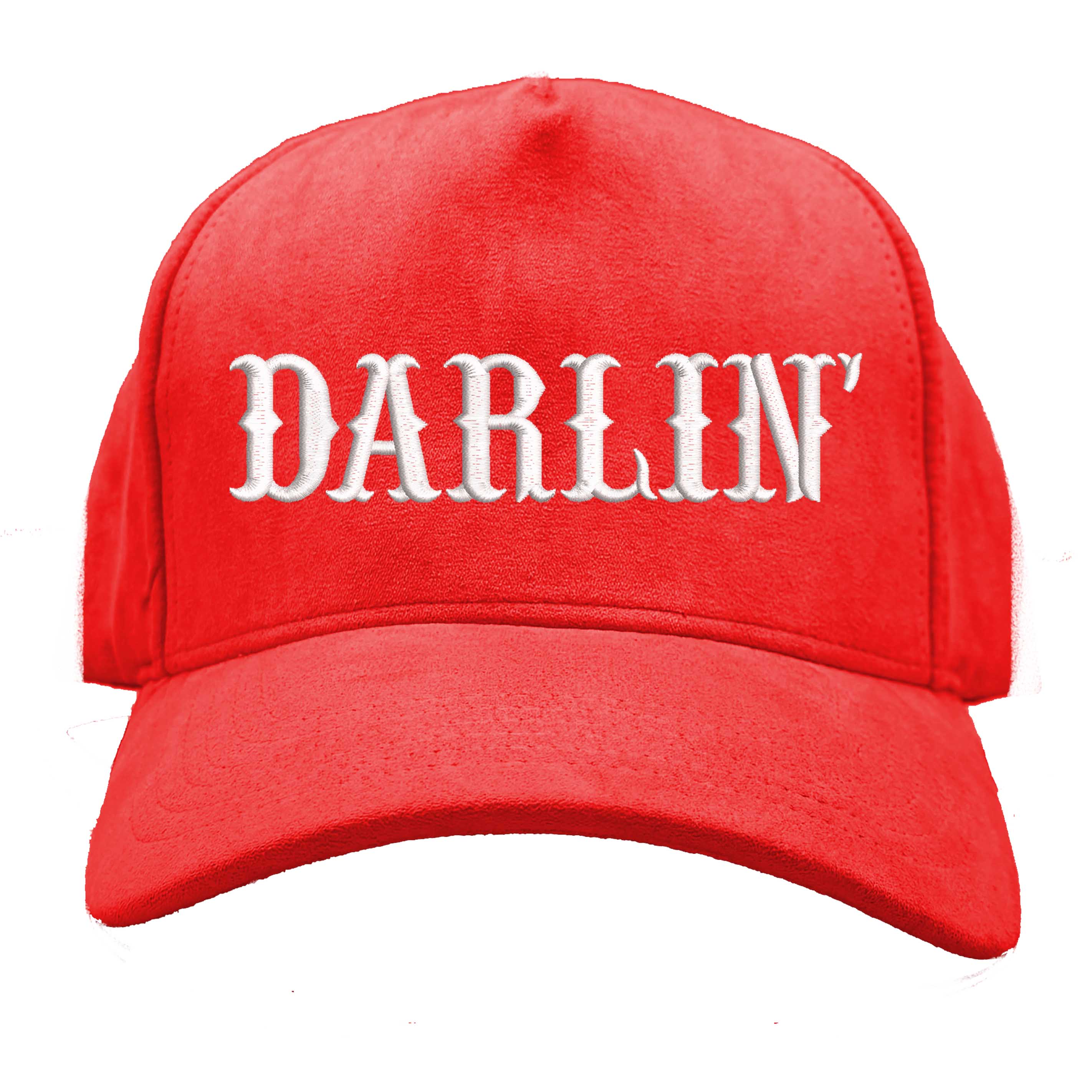 Red suede 5 panel baseball hat embroidered with the phrase darlin-DSY Lifestyle