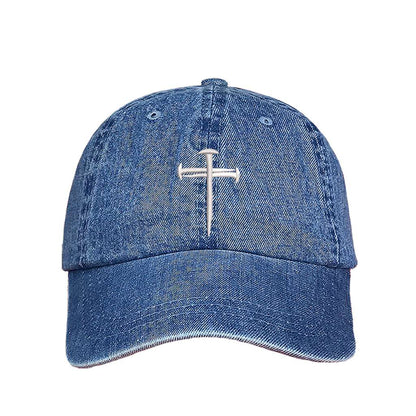 Light denim baseball hat embroidered with a cross of nails on it-DSY Lifestyle
