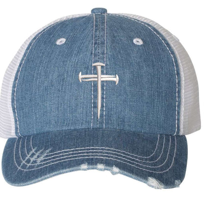 Denim distressed trucker hat embroidered with a cross of nails on it-DSY Lifestyle