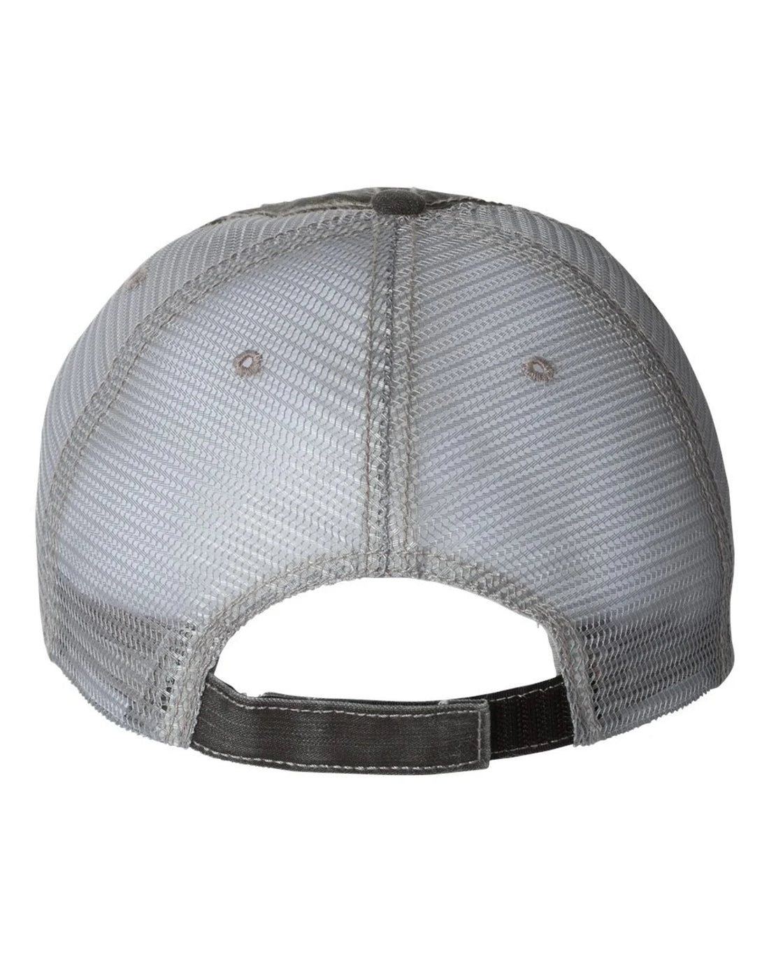 The backside of a vintage-style, breathable mesh-back cap with an adjustable closure.