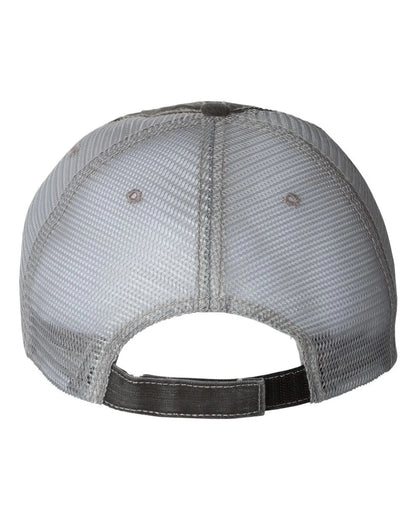 The backside of a vintage-style, breathable mesh-back cap with an adjustable Velcro closure.