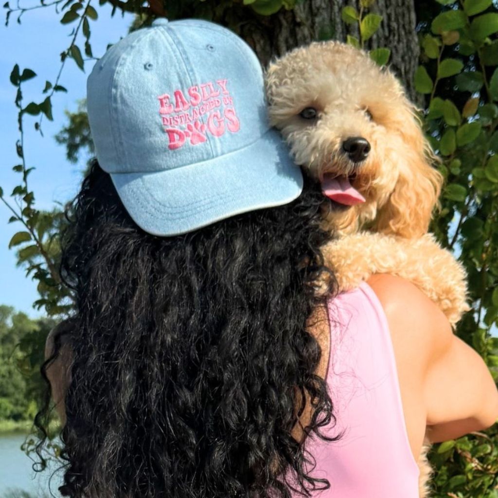 Light Denim Easily Distracted by Dogs Baseball Cap carrying a cute Maltipoo dog - DSY Lifestyle