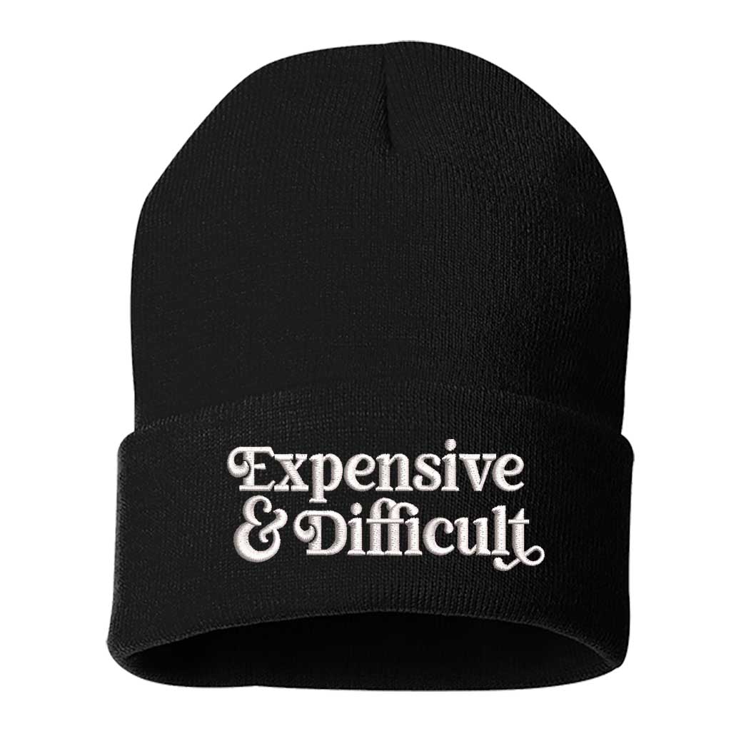 Black beanie embroidered with the phrase expensive &amp; difficult-DSY Lifestyle