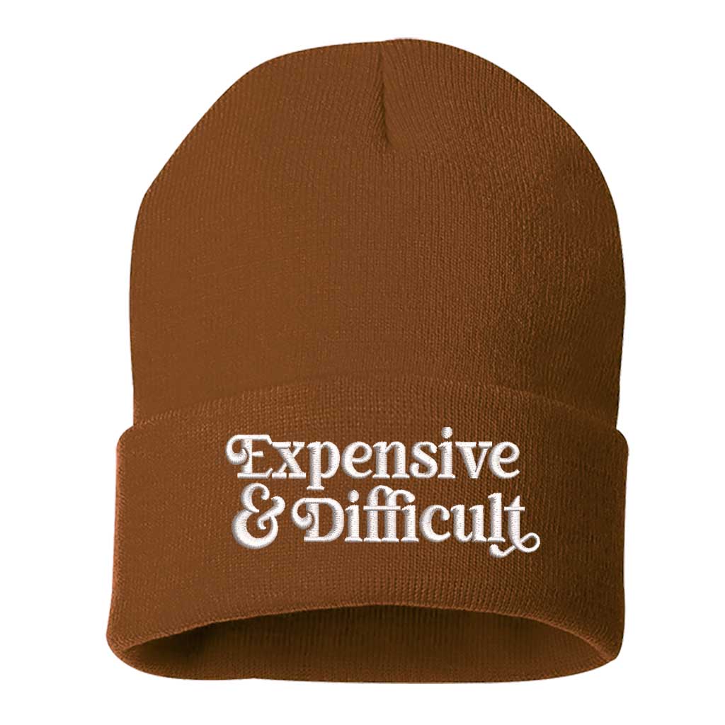 Camel beanie embroidered with the phrase expensive &amp; difficult-DSY Lifestyle