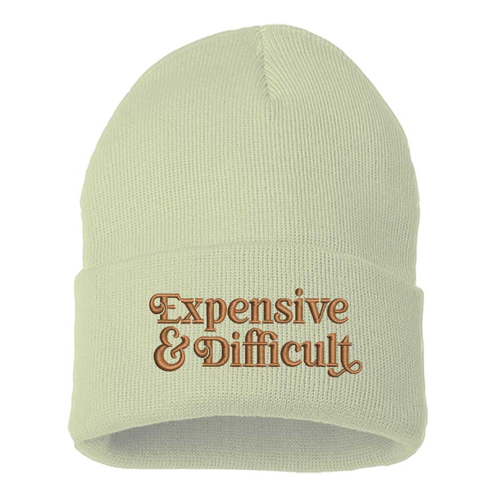 Cream/Brown Thread beanie embroidered with the phrase expensive &amp; difficult-DSY Lifestyle