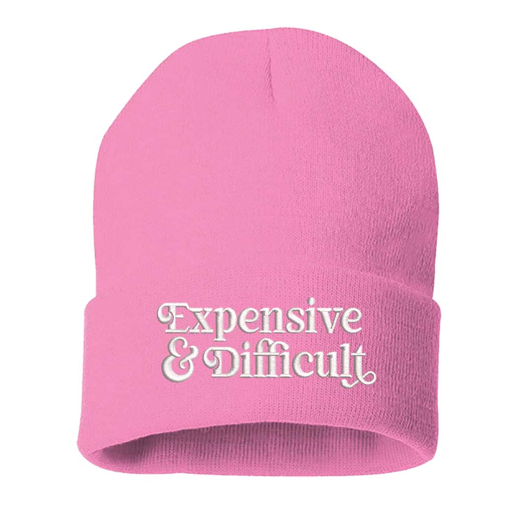 Pink beanie embroidered with the phrase expensive &amp; difficult-DSY Lifestyle