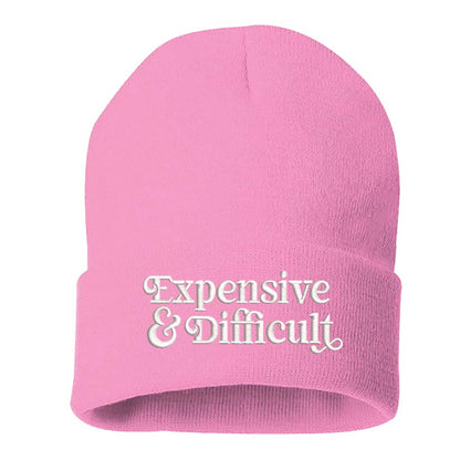 Pink beanie embroidered with the phrase expensive &amp; difficult-DSY Lifestyle