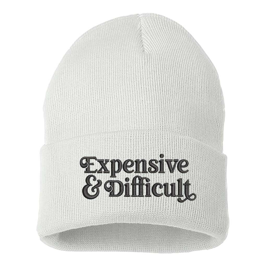 WHite/Black Thread beanie embroidered with the phrase expensive &amp; difficult-DSY Lifestyle