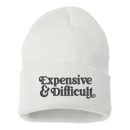 WHite/Black Thread beanie embroidered with the phrase expensive &amp; difficult-DSY Lifestyle