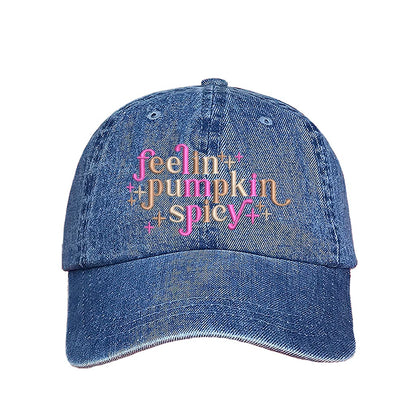 Light Denim baseball hat embroidered with the phrase feeling pumpkin spicy-DSY Lifestyle