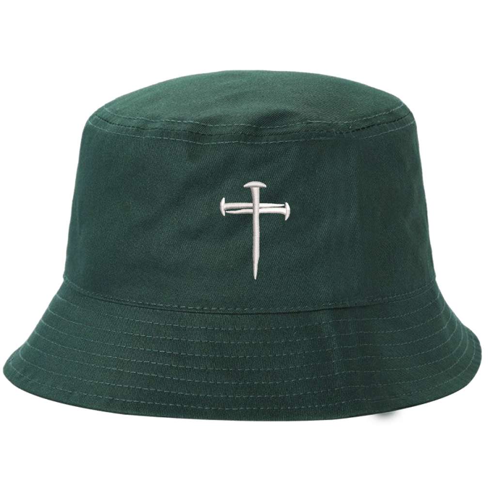 Forest green bucket hat embroidered wiht a cross made of nails on it- DSY Lifestyle