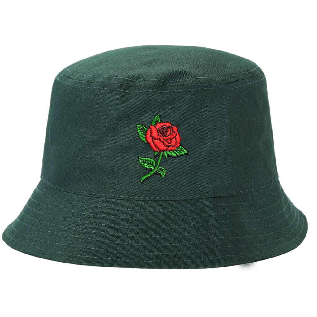 Forest green bucket hat embroidered with a rose stem on it-DSY Lifestyle