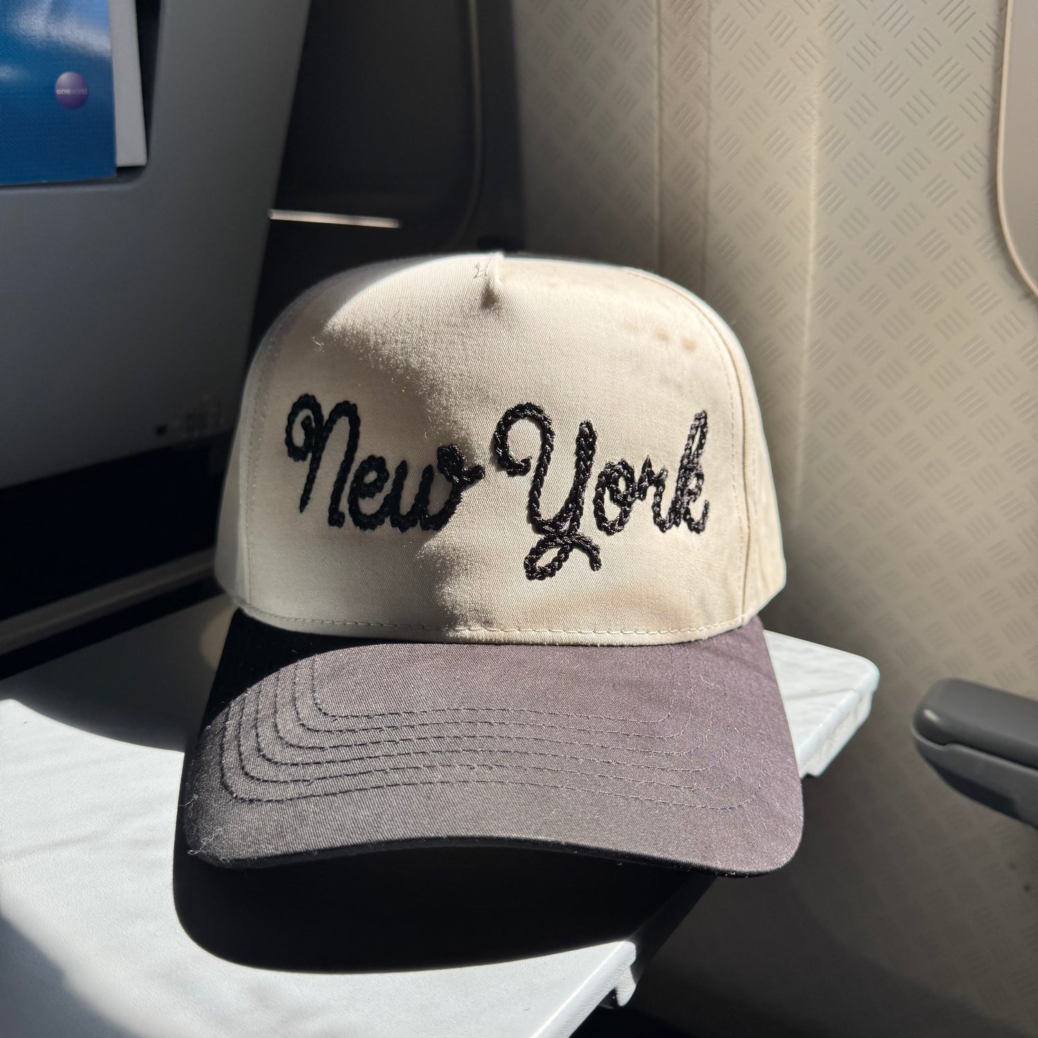 Natural/Brown New York chain stitch embroidered 5-panel baseball cap with a two-tone design, structured crown, and adjustable snapback closure - DSY Lifestyle