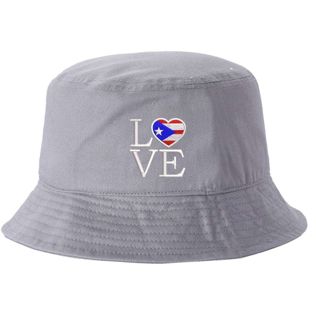 Grey bucket hat embroidered with the word love with the o in love in the shape of a heart with the puerto rican flag in it-DSY Lifestyle