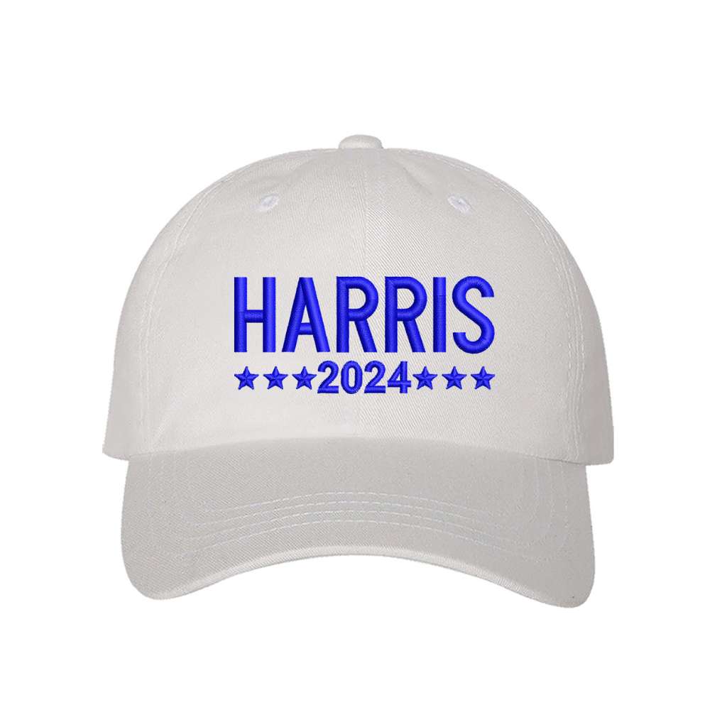 White baseball hat embroidered with the phrase harris 2024-DSY Lifestyle