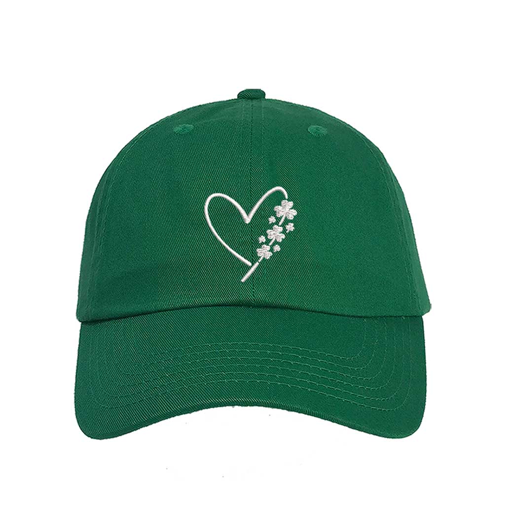 Kelly Green baseball hat with an embroidered heart and clovers on the side, offering a stylish and festive look for St. Patrick’s Day and everyday wear - DSY Lifestyle