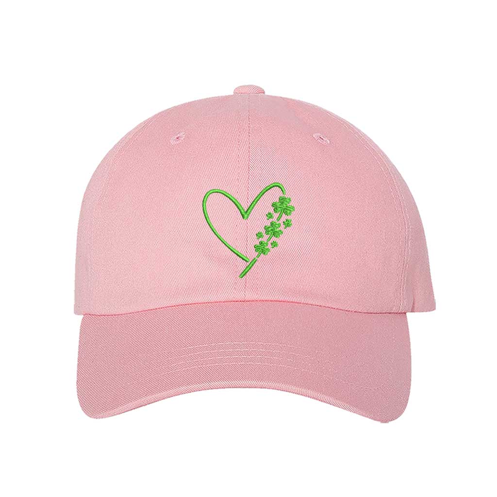 Light Pink baseball hat with an embroidered heart and clovers on the side, offering a stylish and festive look for St. Patrick’s Day and everyday wear - DSY Lifestyle