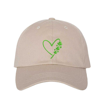 Stone baseball hat with an embroidered heart and clovers on the side, offering a stylish and festive look for St. Patrick’s Day and everyday wear - DSY Lifestyle