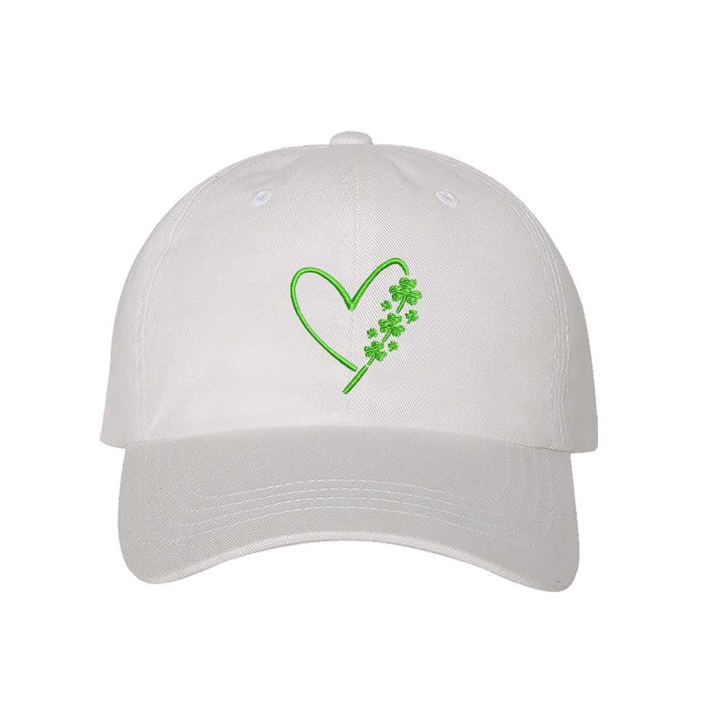 White with green thread baseball hat with an embroidered heart and clovers on the side, offering a stylish and festive look for St. Patrick’s Day and everyday wear - DSY Lifestyle