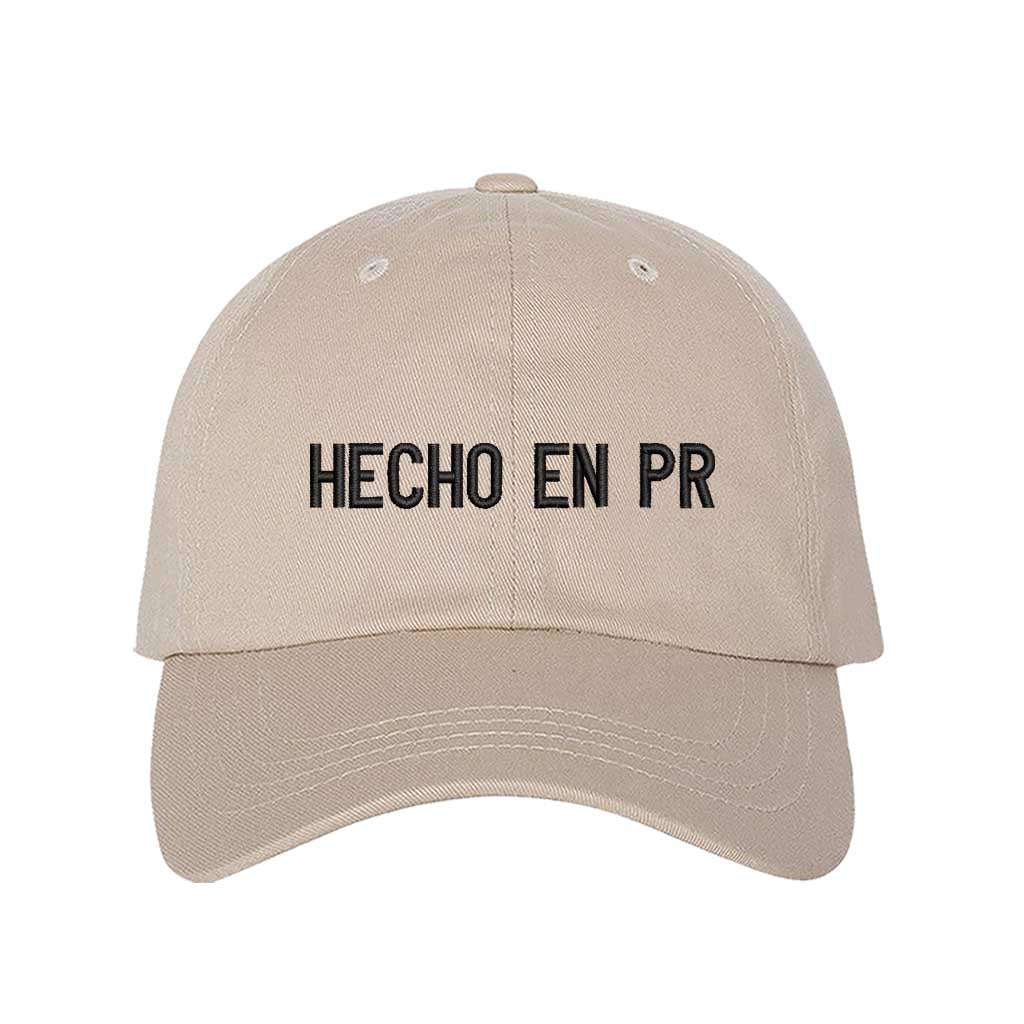 Stone embroidered baseball hat with &quot;Hecho En PR&quot; stitched in bold lettering, representing Puerto Rican pride and heritage - DSY Lifestyle