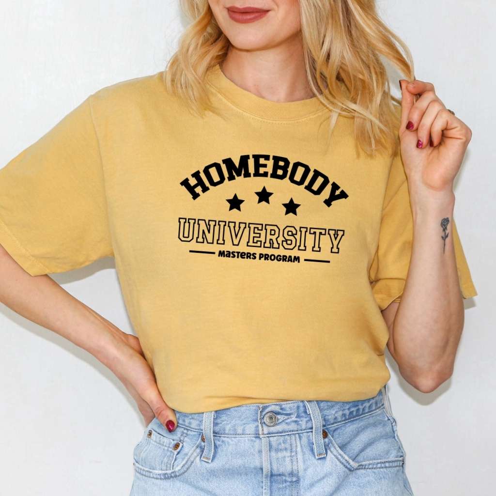 Mustard Washed Unisex Tee with Homebody University - DSY Lifestyle