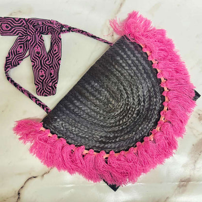 Black &amp; Hot Pink Mexican Palm Purse with tassels