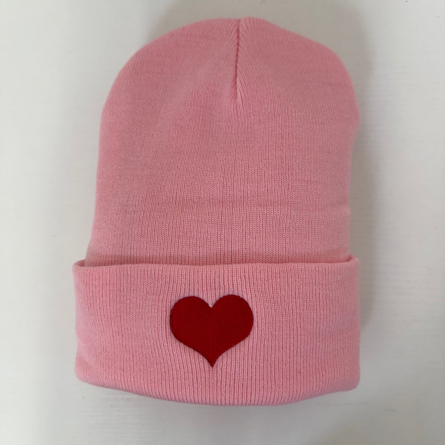 lightpink colored beanies with red heart embroidered on it-DSY Lifestyle