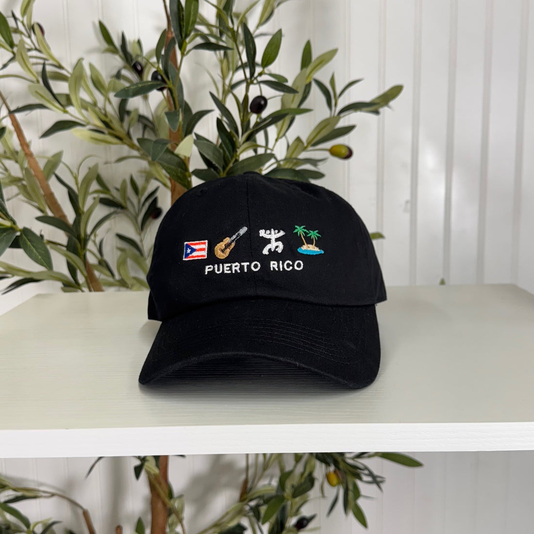 Black Puerto Rico Symbols Embroidered Baseball Hat featuring the PR flag, guitar, Taino sun, and palm tree island - DSY Lifestyle