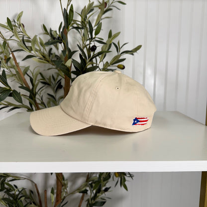 Stone Puerto Rico Coco Embroidered Baseball Hat side view featuring island-inspired lettering and premium stitching - DSY Lifestyle