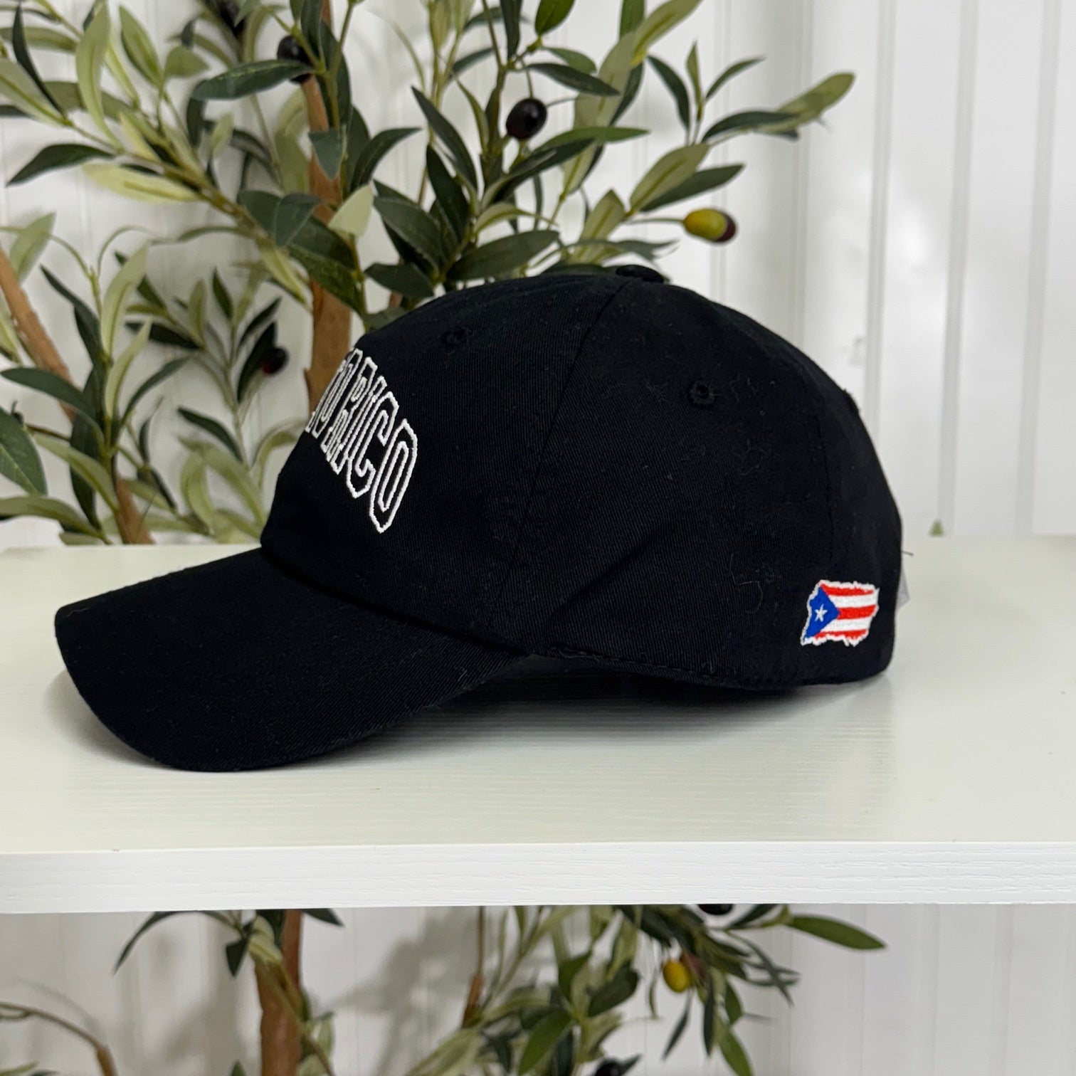 Black Puerto Rico Large Print Embroidered Baseball Hat bold lettering side view - DSY Lifestyle