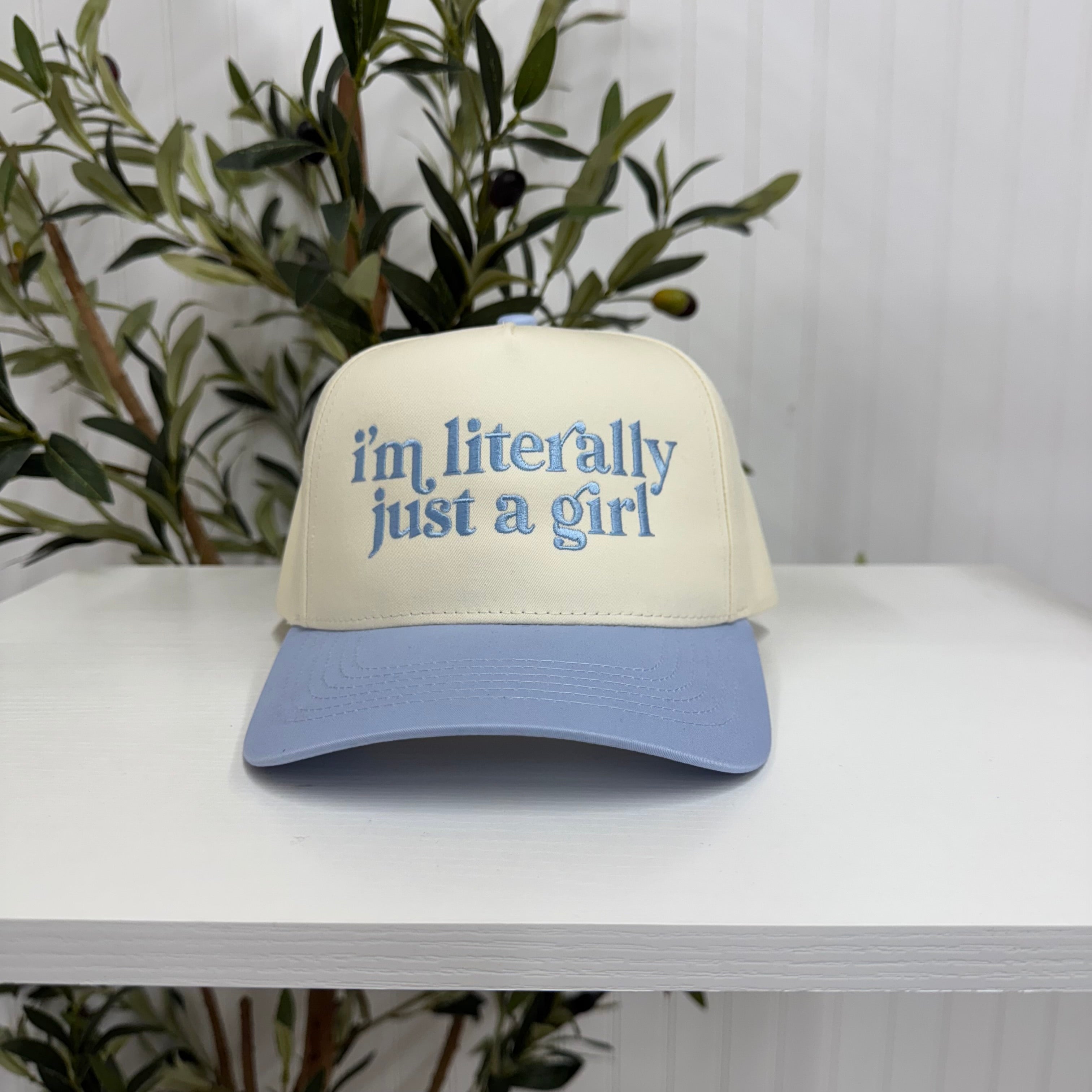 Sky Blue I’m Literally Just A Girl 5-Panel Two-Tone Spring Embroidered Baseball Cap featuring premium embroidery and a modern structured fit - DSY Lifestyle