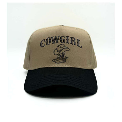 Khaki front panel with black brim baseball hat embroidered with cowgirl and boots on it-DSY Lifestyle