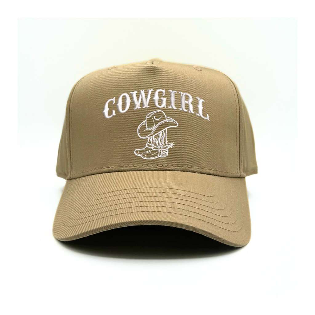 Khaki front panel with Khaki brim baseball hat embroidered with cowgirl and boots on it-DSY Lifestyle