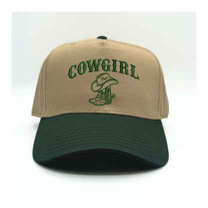 Khaki front panel with green brim baseball hat embroidered with cowgirl and boots on it-DSY Lifestyle