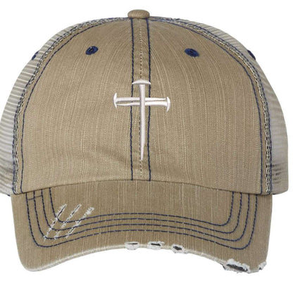 Khaki distressed trucker hat embroidered with a cross of nails on it-DSY Lifestyle