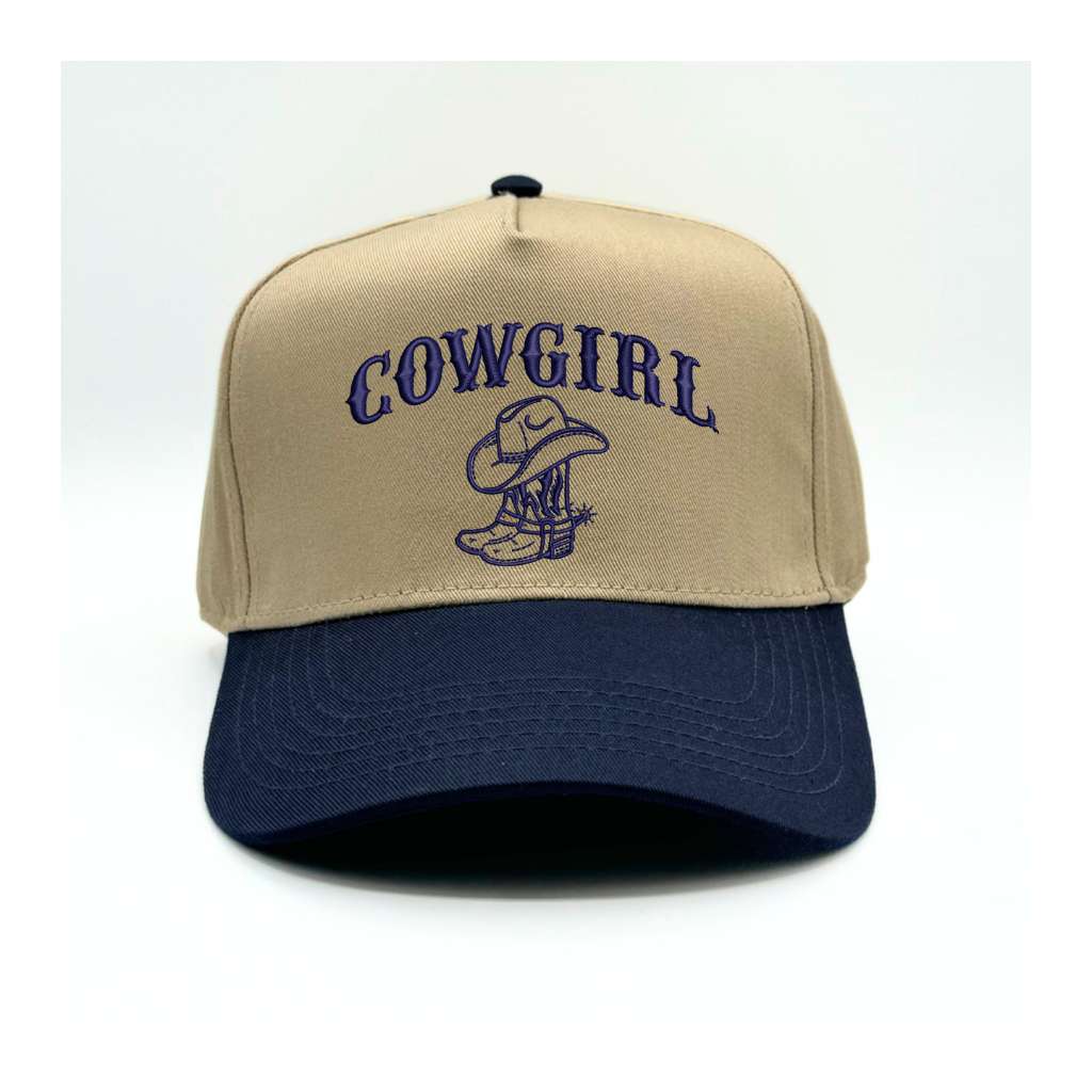 Khaki front panel with navy blue brim baseball hat embroidered with cowgirl and boots on it-DSY Lifestyle