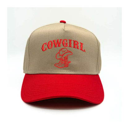 Khaki front panel with red brim baseball hat embroidered with cowgirl and boots on it-DSY Lifestyle