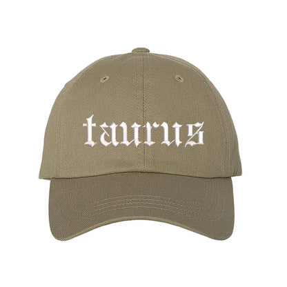 Khaki baseball hat embroidered with the word taurus in english writing on it-DSY Lifestyle