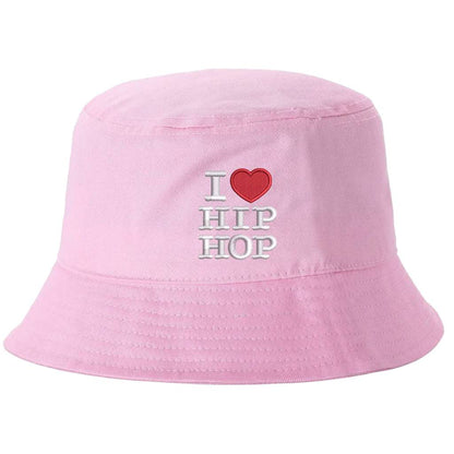 Light pink bucket hat embroidered with the phrase i love hip hop but love is a heart-DSY Lifestyle