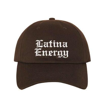 Brown baseball hat embroidered with the phrase latina energy in old english letters-DSY Lifestyle