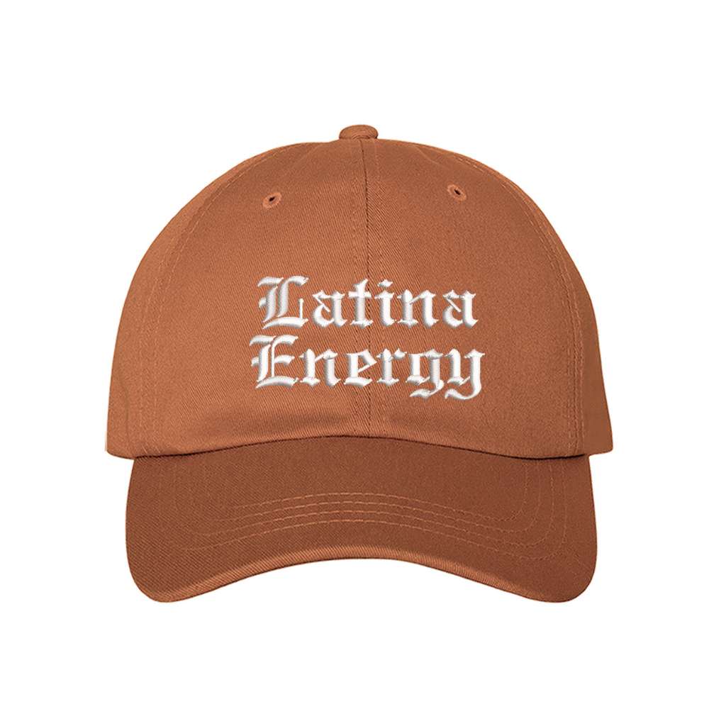 Burnt Orange baseball hat embroidered with the phrase latina energy in old english letters-DSY Lifestyle